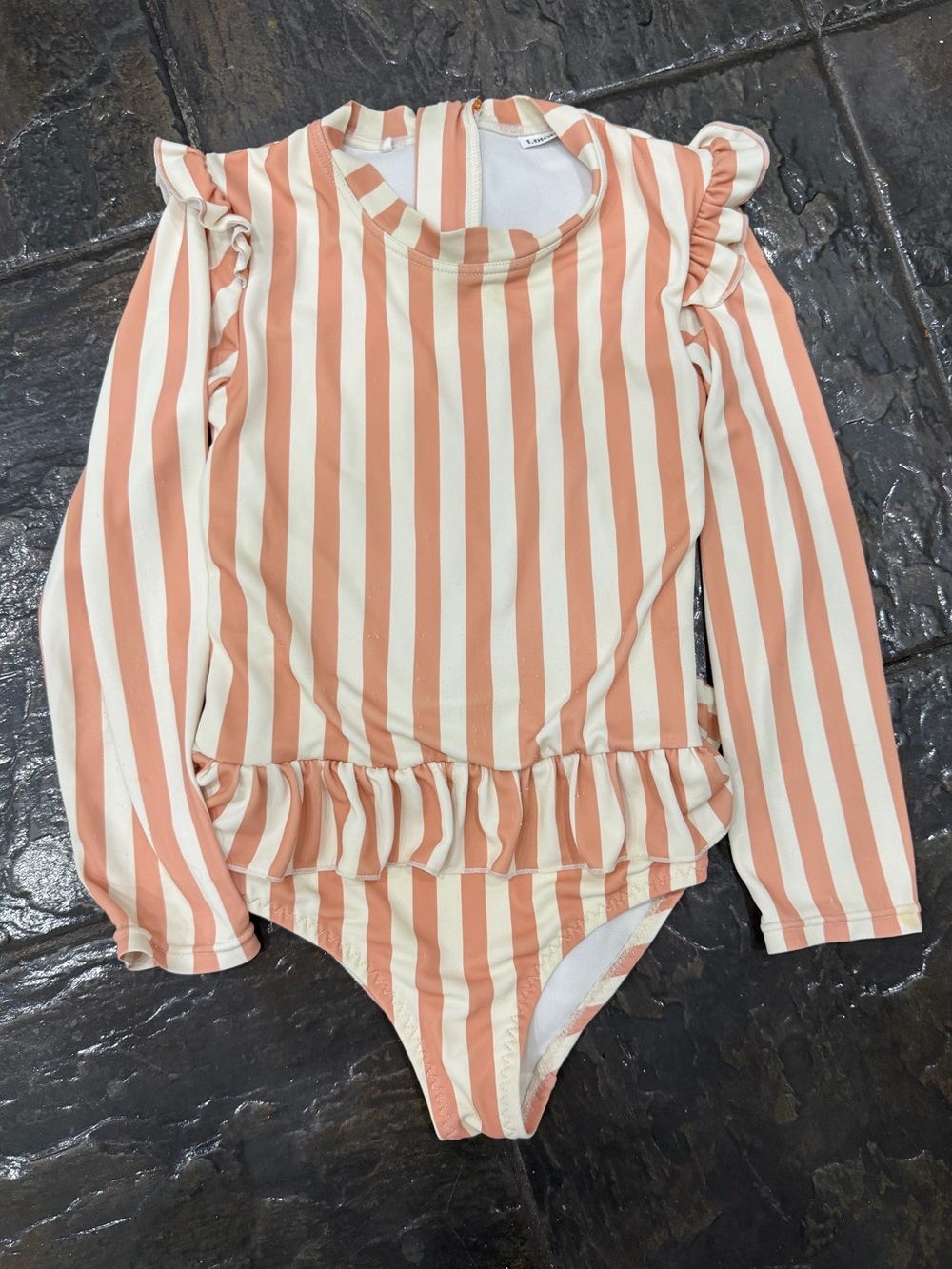 LDIOIF Girls Peach Stripe Ruffle Long Sleeve One Piece Swimsuit Size 5-6